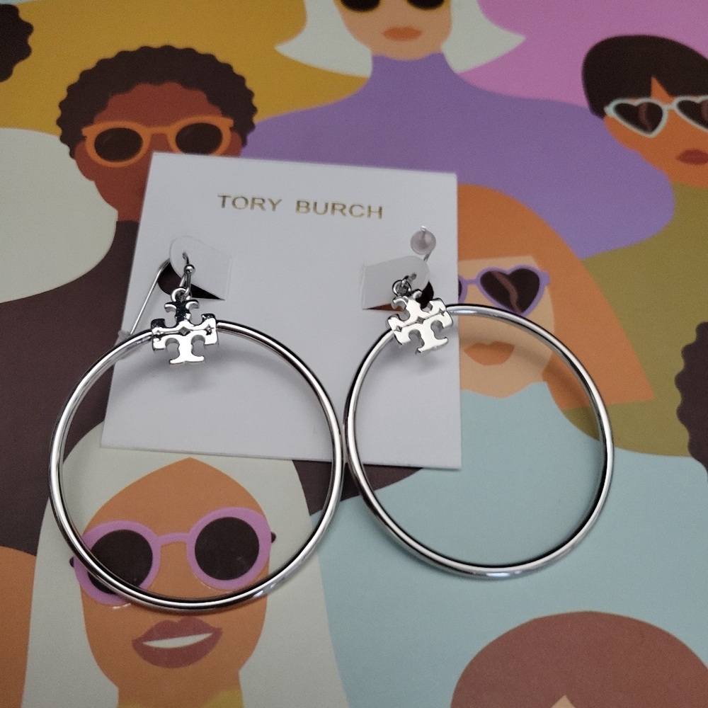 Tory Burch Silver Hoop Earrings with Logo Charm